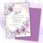 Elegant Waterverf Paars Floral 30e verjaardag Kaart<br><div class="desc">Elegant Waterverf Paarse Floral 30th Birthday Party met gouden lijst in  paarse en lavender rozen en bloemen.</div>