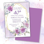 Elegant Waterverf Paars Floral 40e verjaardag Kaart<br><div class="desc">Elegant Waterverf Paarse Floral 40th Birthday Party met gouden lijst in  paarse en lavender rozen en bloemen.</div>