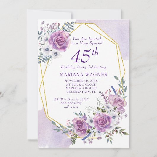 Elegant Waterverf Paars Floral 45th Birthday Kaart (Voorkant)