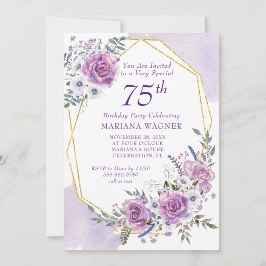 Elegant Waterverf Paars Floral 75e verjaardag Kaart (Voorkant)