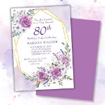 Elegant Waterverf Paars Floral 80th Birthday Kaart<br><div class="desc">Elegant Waterverf Paarse Floral 80th Birthday Party met gouden lijst in  paarse en lavender rozen en bloemen.</div>