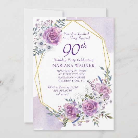 Elegant Waterverf Paars Floral 90e verjaardag Kaart (Voorkant)