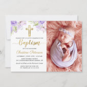 Elegant Waterverf Paars Floral Baptisme Foto Kaart (Voorkant)