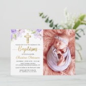 Elegant Waterverf Paars Floral Baptisme Foto Kaart (Staand voorkant)