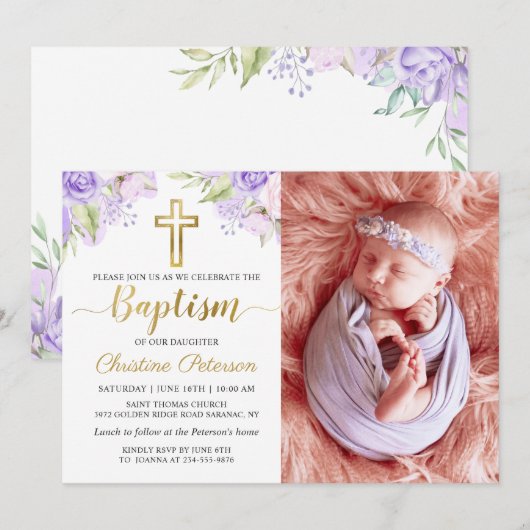 Elegant Waterverf Paars Floral Baptisme Foto Kaart (Voorkant / Achterkant)