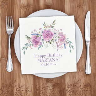 Elegant Waterverf Paars Floral Birthday Party Servet