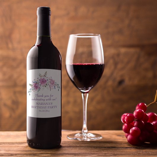 Elegant Waterverf Paars Floral Birthday Party Wijn Etiket