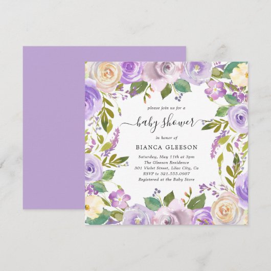 Elegant Waterverf Paars Floral Girl Baby shower Kaart (Voorkant / Achterkant)