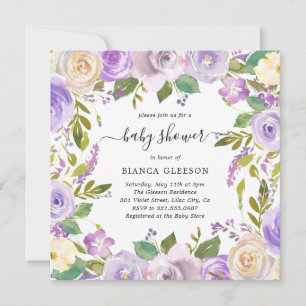 Elegant Waterverf Paars Floral Girl Baby shower Kaart