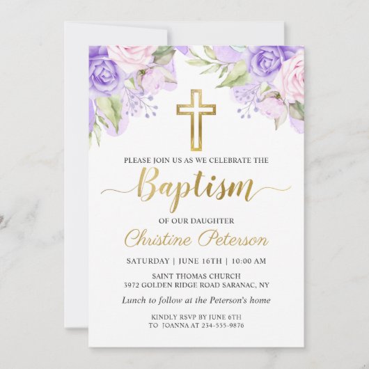 Elegant Waterverf Paars Floral Girl Baptisme Kaart (Voorkant)