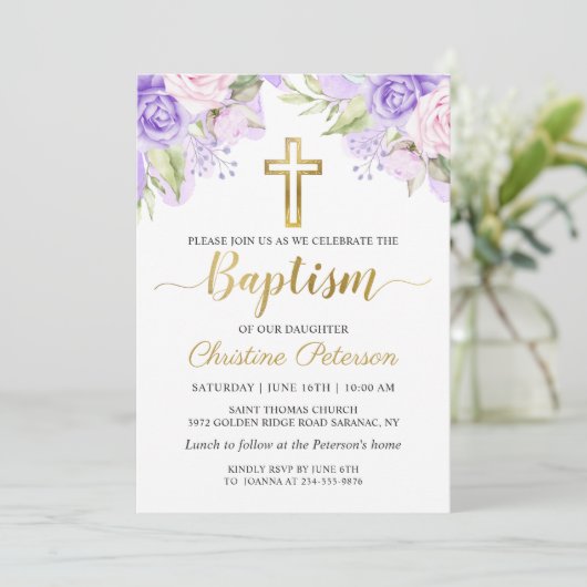 Elegant Waterverf Paars Floral Girl Baptisme Kaart (Staand voorkant)