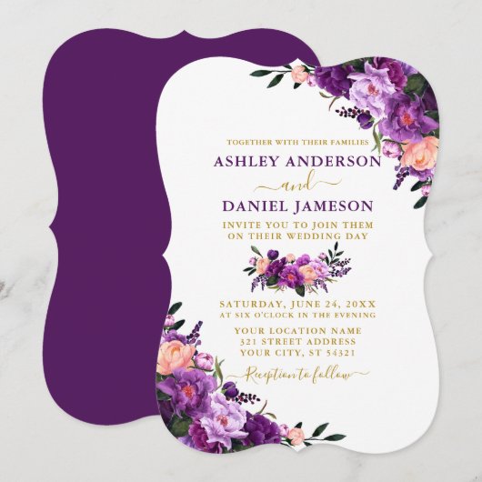 Elegant Waterverf Paars Floral Gold Wedding Kaart (Voorkant / Achterkant)