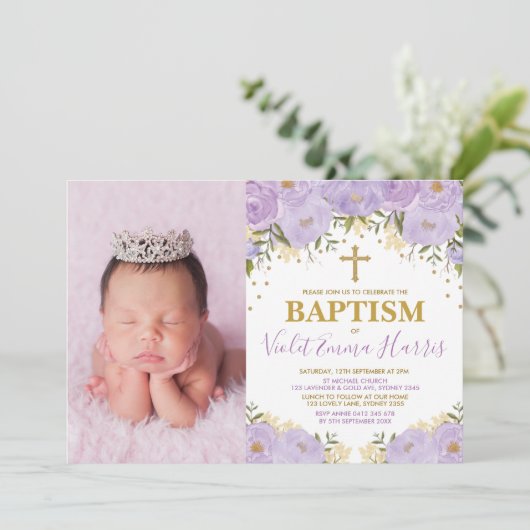 Elegant Waterverf Paars Floral Lavender Baptisme Kaart (Staand voorkant)