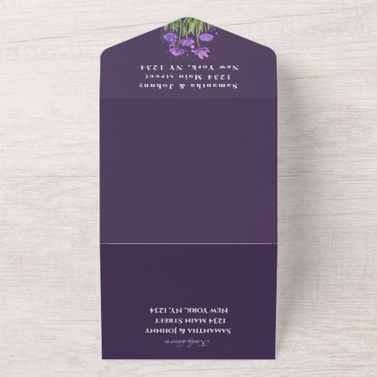 Elegant Waterverf Paars Floral Lila bruiloft All In One Uitnodiging (Buitenkant)