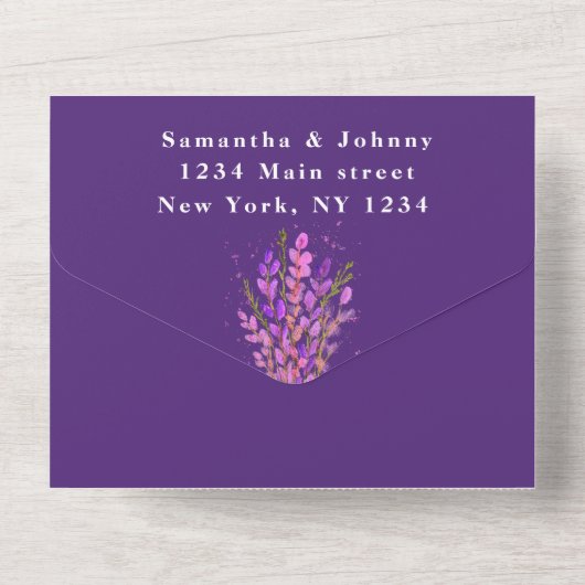 Elegant Waterverf Paars Floral Lila bruiloft All In One Uitnodiging (Achterkant)