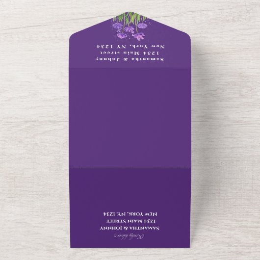 Elegant Waterverf Paars Floral Lila bruiloft All In One Uitnodiging (Buitenkant)