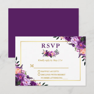 Elegant Waterverf Paars Floral Wedding Gold RSVP Kaartje