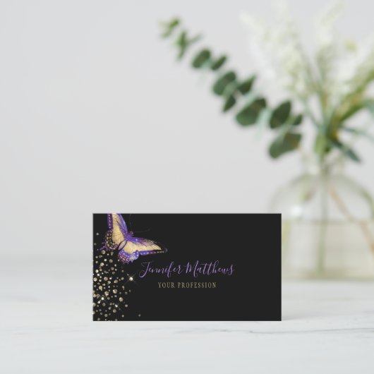 Elegant Waterverf Paars & Gold Glitter Butterfly Visitekaartje (Staand voorkant)