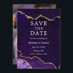 Elegant Waterverf Paars Marble Agate Geode Foto Save The Date<br><div class="desc">Moderne Elegant Waterverf Paars en Gold Marble Agate Geode Save the Date Kaart - Foto terug</div>
