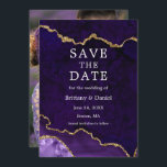 Elegant Waterverf Paars Marble Agate Geode Foto Save The Date<br><div class="desc">Moderne Elegant Waterverf Paars en Gold Marble Agate Geode Save the Date Kaart - Foto terug</div>