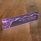 Elegant Waterverf Paars Silver Glitter Agate Naambordje (Zijkant)