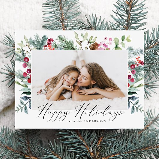 Elegant Waterverf Paarse Berries & Greenery Foto Feestdagenkaart