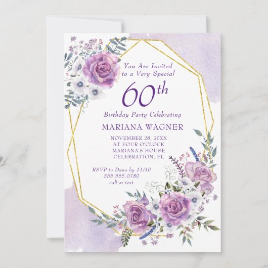 Elegant Waterverf Paarse Floral 60e verjaardag Kaart (Voorkant)