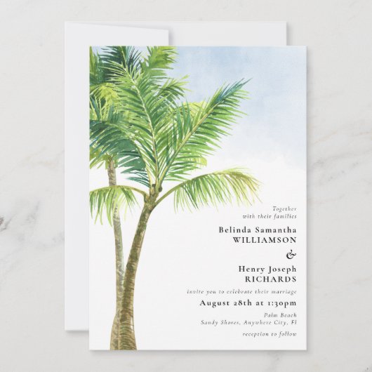 Elegant Waterverf Palm Tree Beach Weddenschap Kaart (Voorkant)
