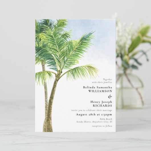 Elegant Waterverf Palm Tree Beach Weddenschap Kaart (Staand voorkant)