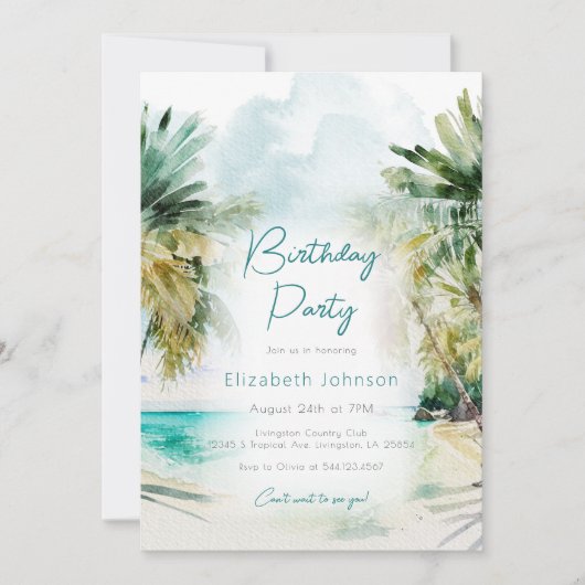 Elegant waterverf Palm Trees Birthday Uitnodiging (Voorkant)