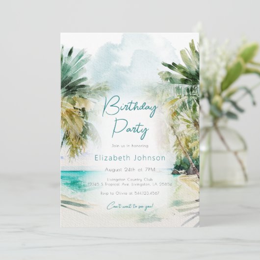 Elegant waterverf Palm Trees Birthday Uitnodiging (Staand voorkant)
