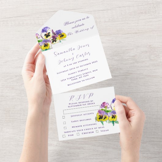 Elegant Waterverf Pansies Floral Wedding All In One Uitnodiging (Afscheurbaar)