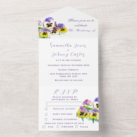 Elegant Waterverf Pansies Floral Wedding All In One Uitnodiging (Binnen)