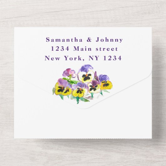 Elegant Waterverf Pansies Floral Wedding All In One Uitnodiging (Achterkant)