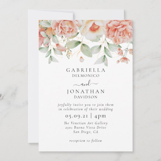 Elegant Waterverf Peach Floral Border Wedding Kaart (Voorkant)