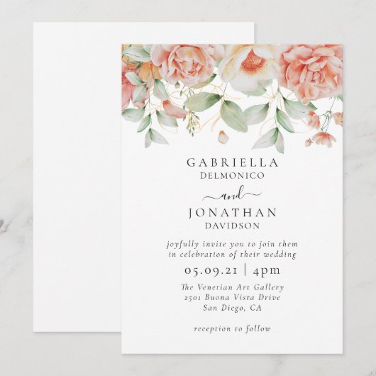 Elegant Waterverf Peach Floral Border Wedding Kaart (Voorkant / Achterkant)