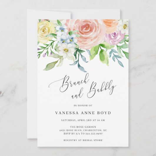 Elegant Waterverf Peach Floral Brunch en Bubble Kaart (Voorkant)