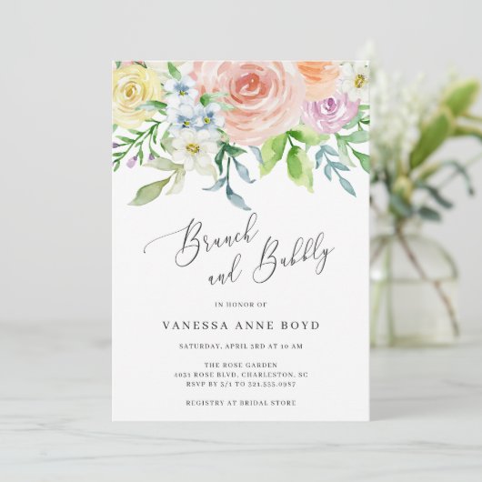 Elegant Waterverf Peach Floral Brunch en Bubble Kaart (Staand voorkant)