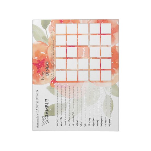 Elegant Waterverf Peach Peonies Baby shower Games Notitieblok (Linkerzijde)