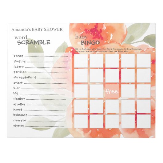 Elegant Waterverf Peach Peonies Baby shower Games Notitieblok (Voorkant)