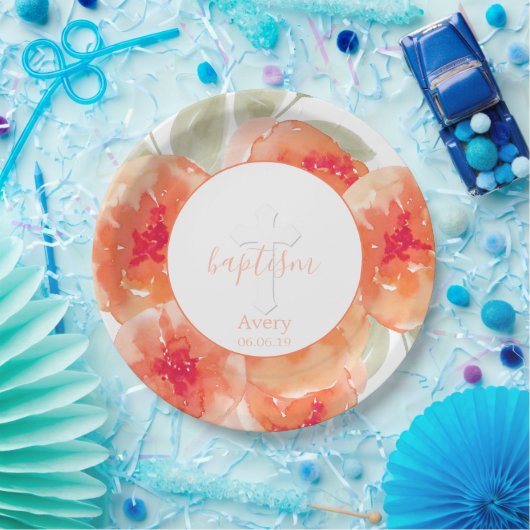 Elegant Waterverf Peach Peonies Baptism Religity Papieren Bordje (Feest)