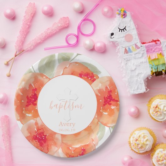 Elegant Waterverf Peach Peonies Baptism Religity Papieren Bordje (Feest)