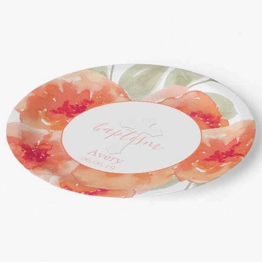 Elegant Waterverf Peach Peonies Baptism Religity Papieren Bordje (Gekanteld)