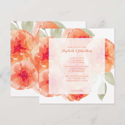 Elegant Waterverf Peach Peonies Floral Wedding Kaart (Voorkant / Achterkant)