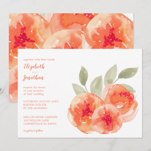 Elegant Waterverf Peach Peonies Floral Wedding Kaart (Voorkant / Achterkant)