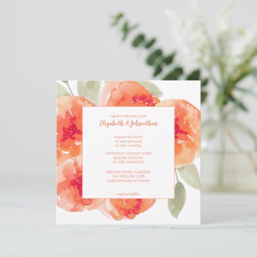 Elegant Waterverf Peach Peonies Floral Wedding Kaart (Staand voorkant)