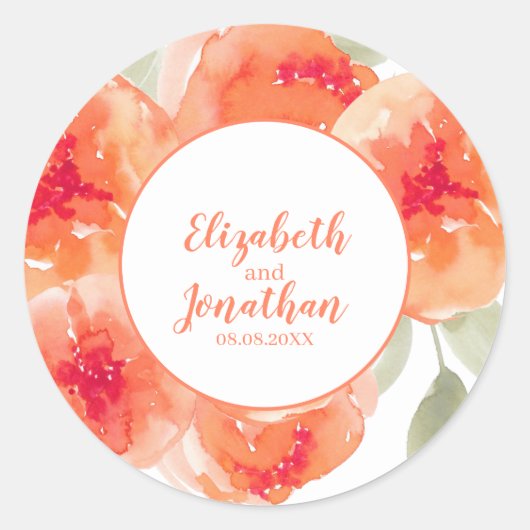 Elegant Waterverf Peach Peonies Floral Wedding Ronde Sticker (Voorkant)