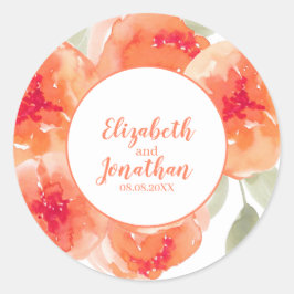 Elegant Waterverf Peach Peonies Floral Wedding Ronde Sticker