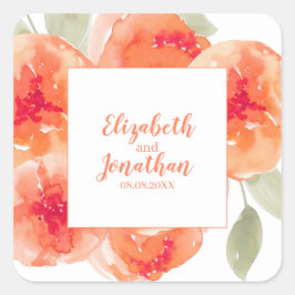 Elegant Waterverf Peach Peonies Floral Wedding Vierkante Sticker