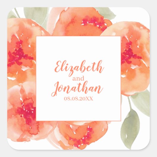 Elegant Waterverf Peach Peonies Floral Wedding Vierkante Sticker (Voorkant)